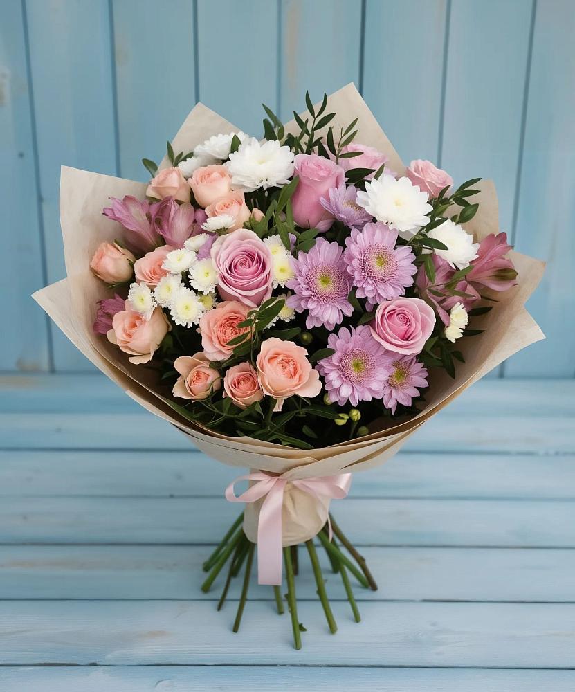 Букет цветов из: Хризантемы, Розы и Альстромерии в Красные Баррикады