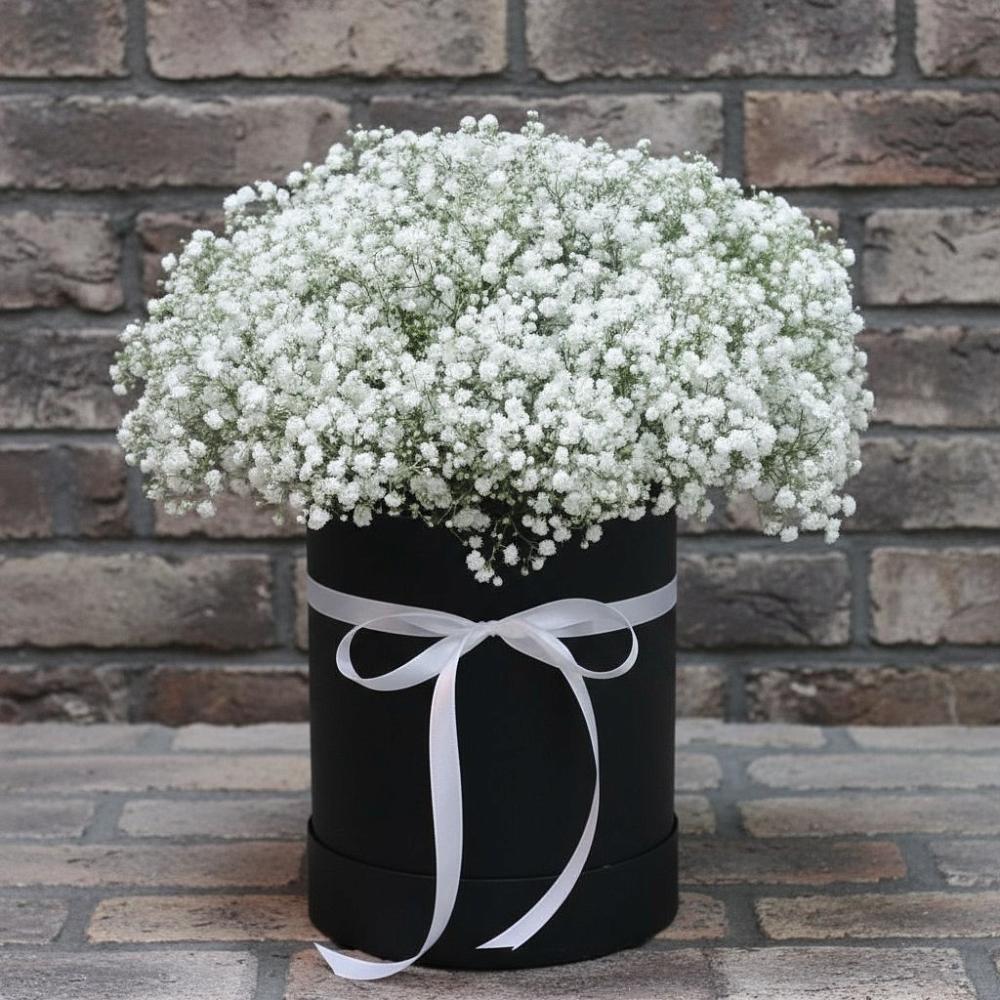 Цветочная композиция из Гипсофила в шляпной коробке в Красные Баррикады