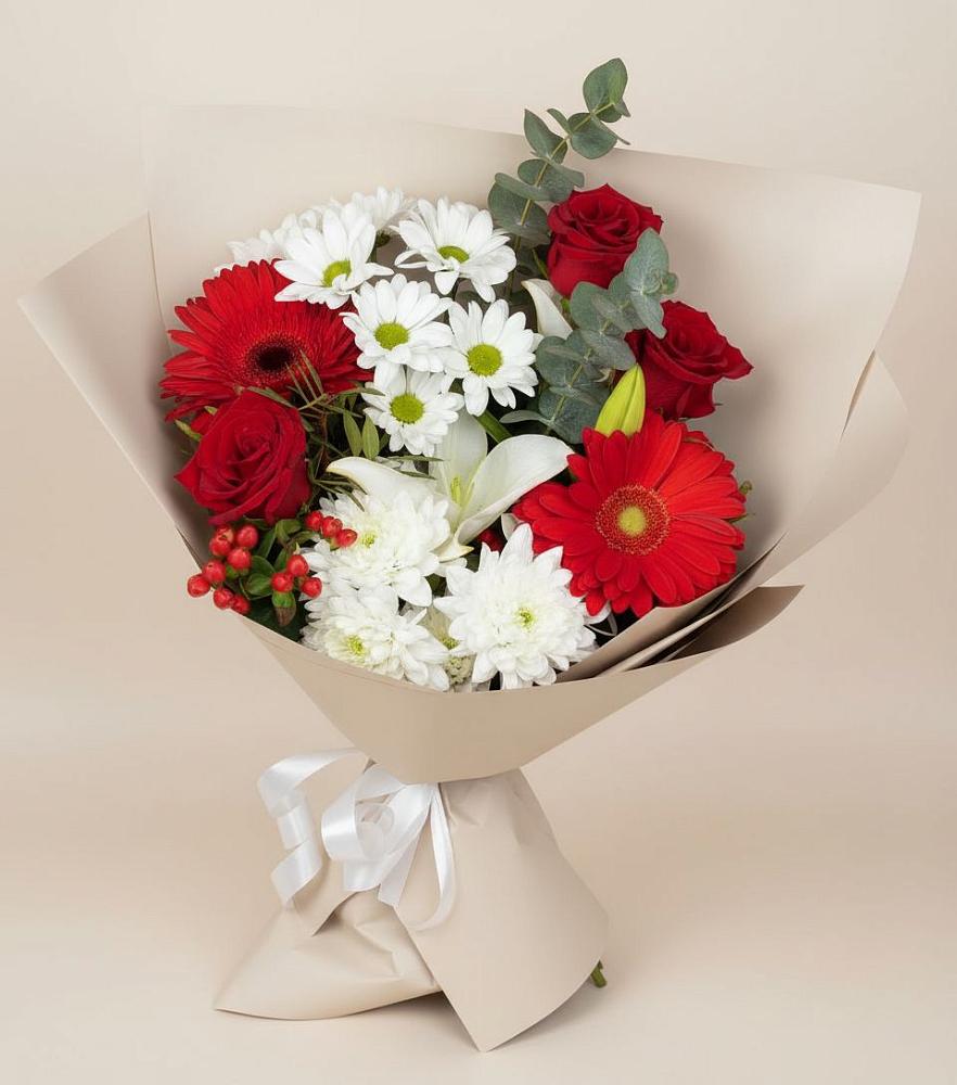 Букет цветов из: Розы, Хризантемы, Герберы и Лилии в Красные Баррикады